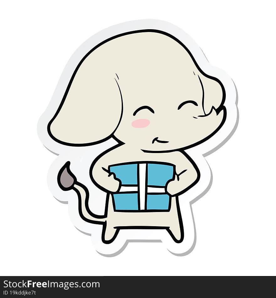 sticker of a cute cartoon elephant with gift