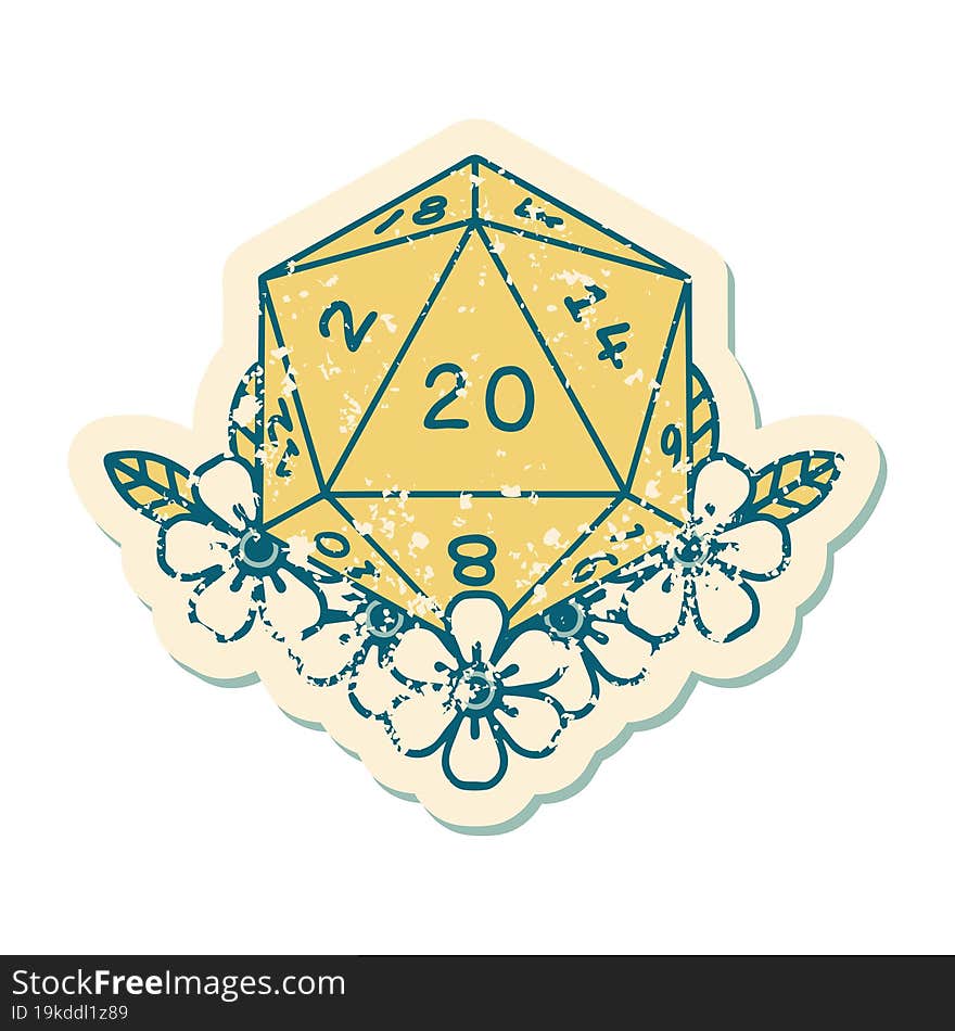 Natural 20 D20 Dice Roll With Floral Elements Illustration