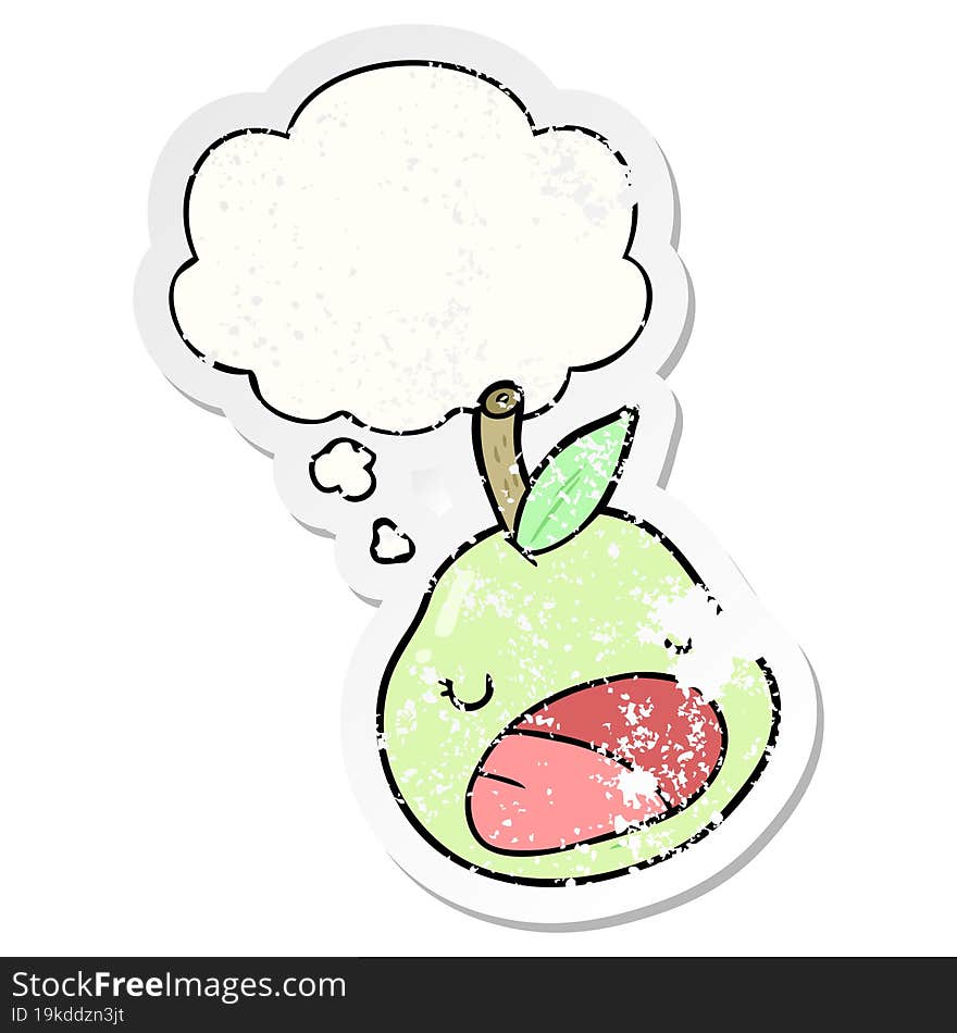 cartoon pear and thought bubble as a distressed worn sticker