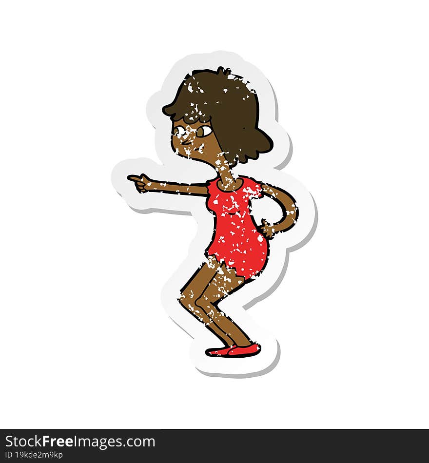 retro distressed sticker of a cartoon girl pointing