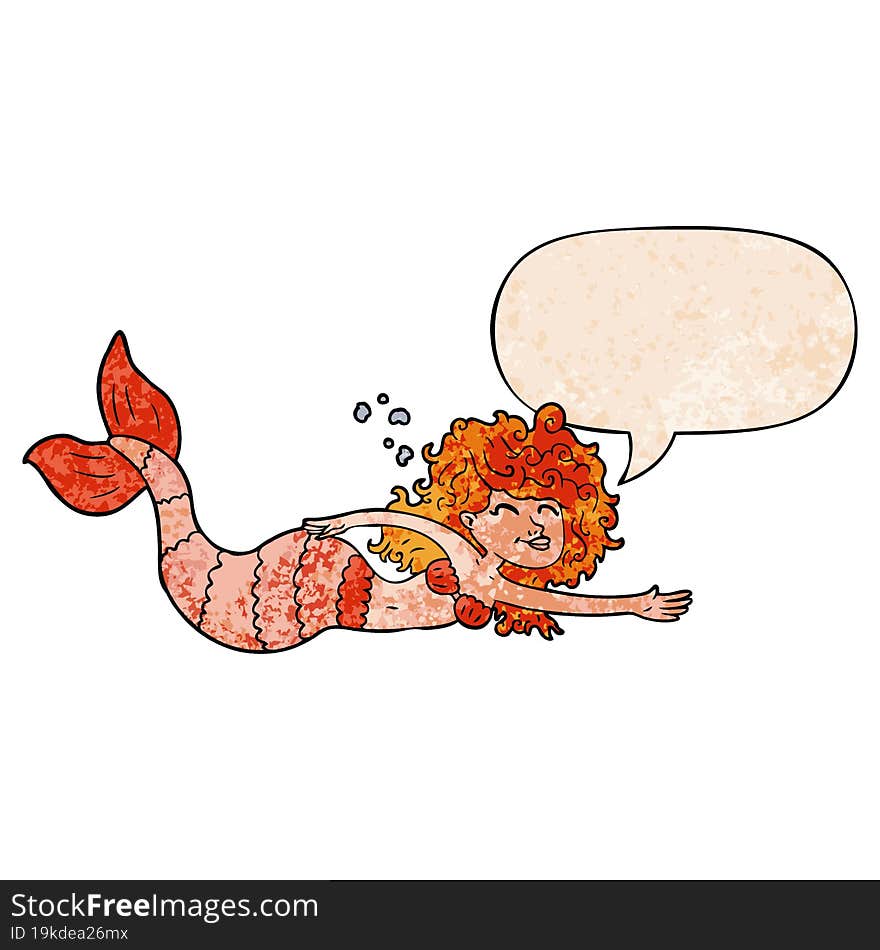 cartoon mermaid with speech bubble in retro texture style