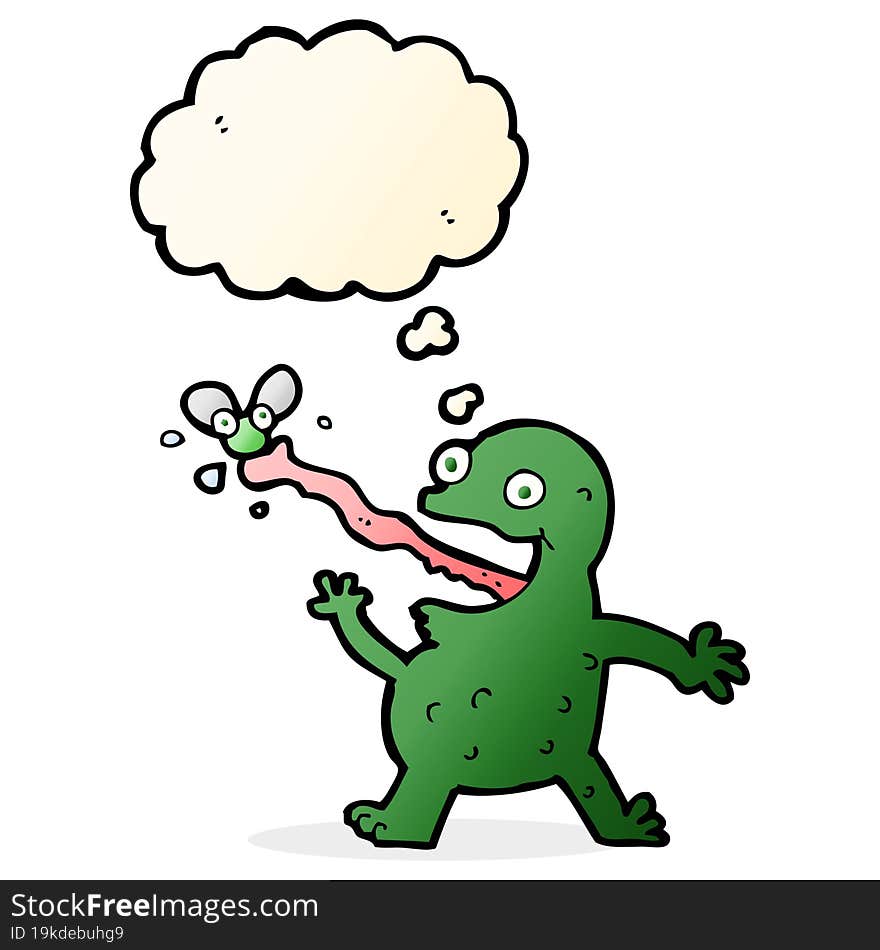 cartoon frog catching fly with thought bubble