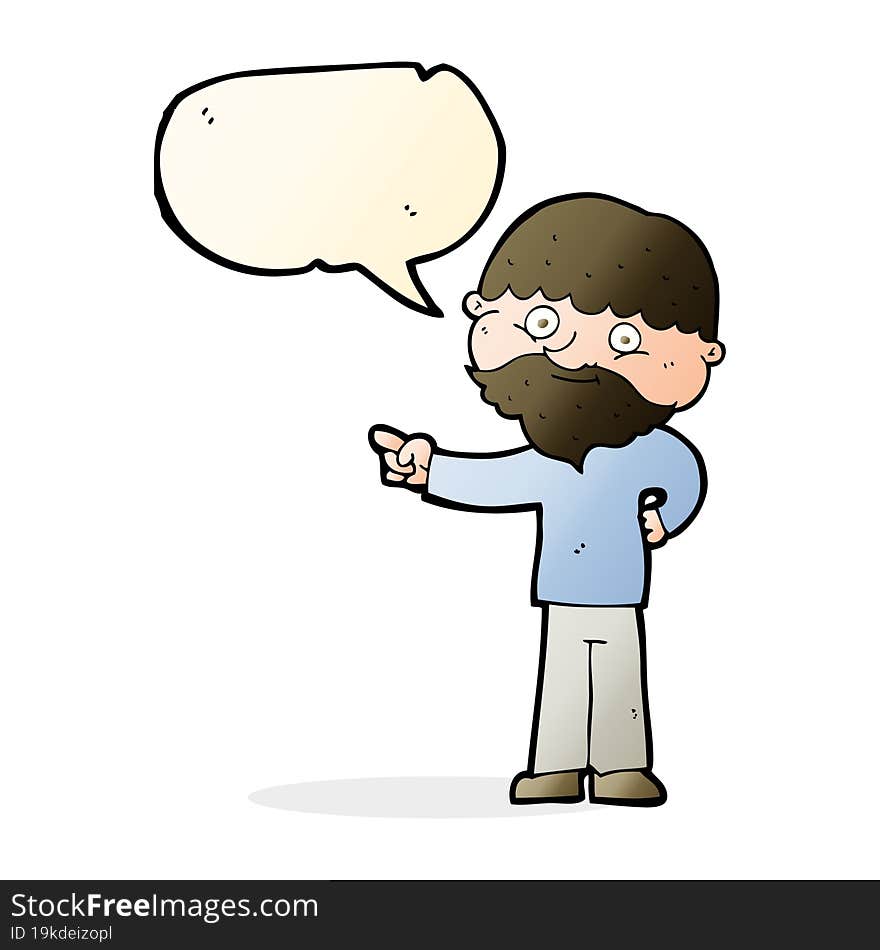 cartoon bearded man pointing with speech bubble