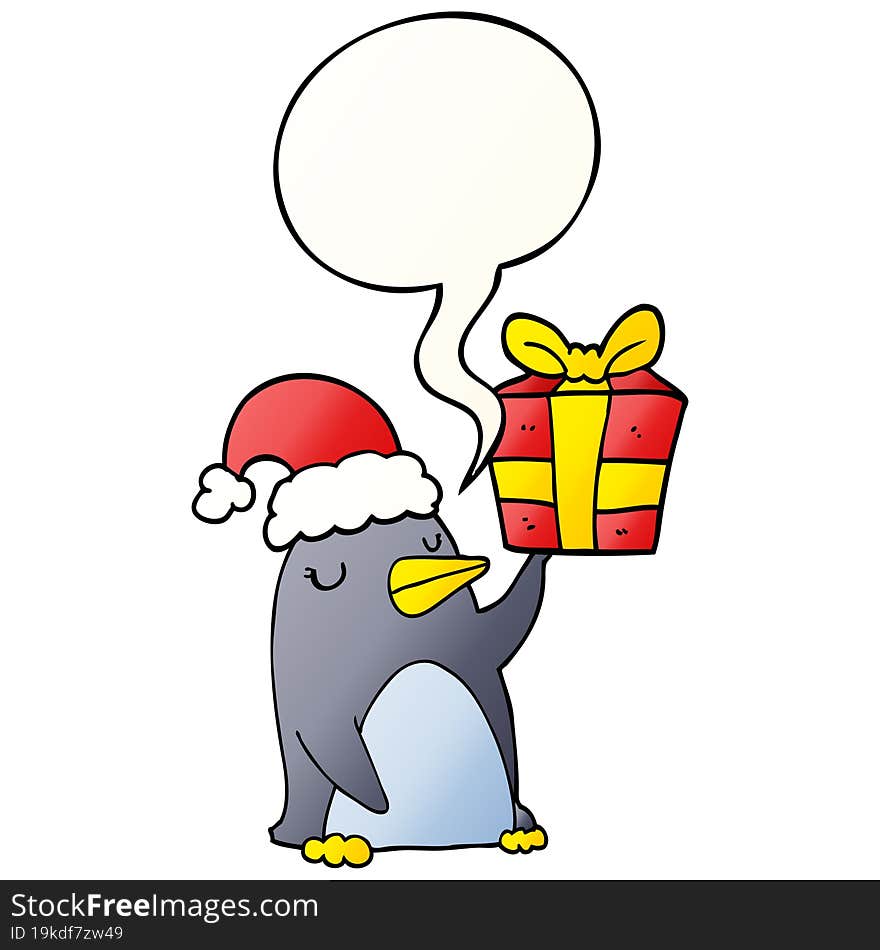 cartoon penguin and christmas present and speech bubble in smooth gradient style