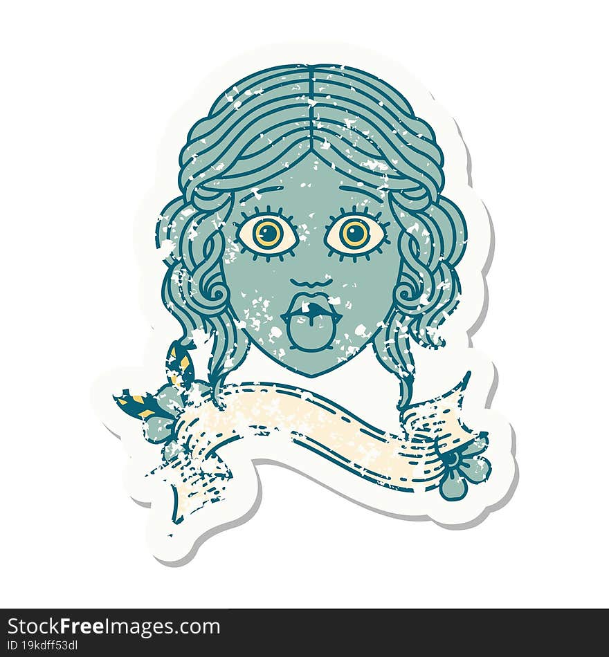 grunge sticker with banner of female face sticking out tongue