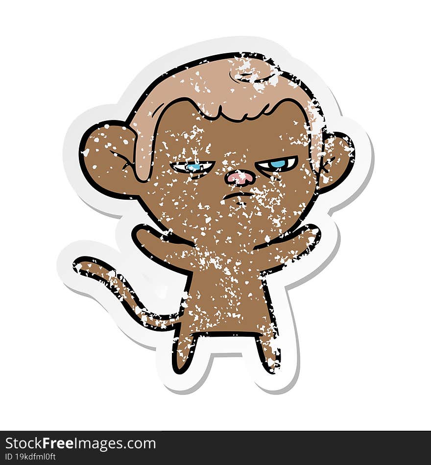 distressed sticker of a cartoon annoyed monkey