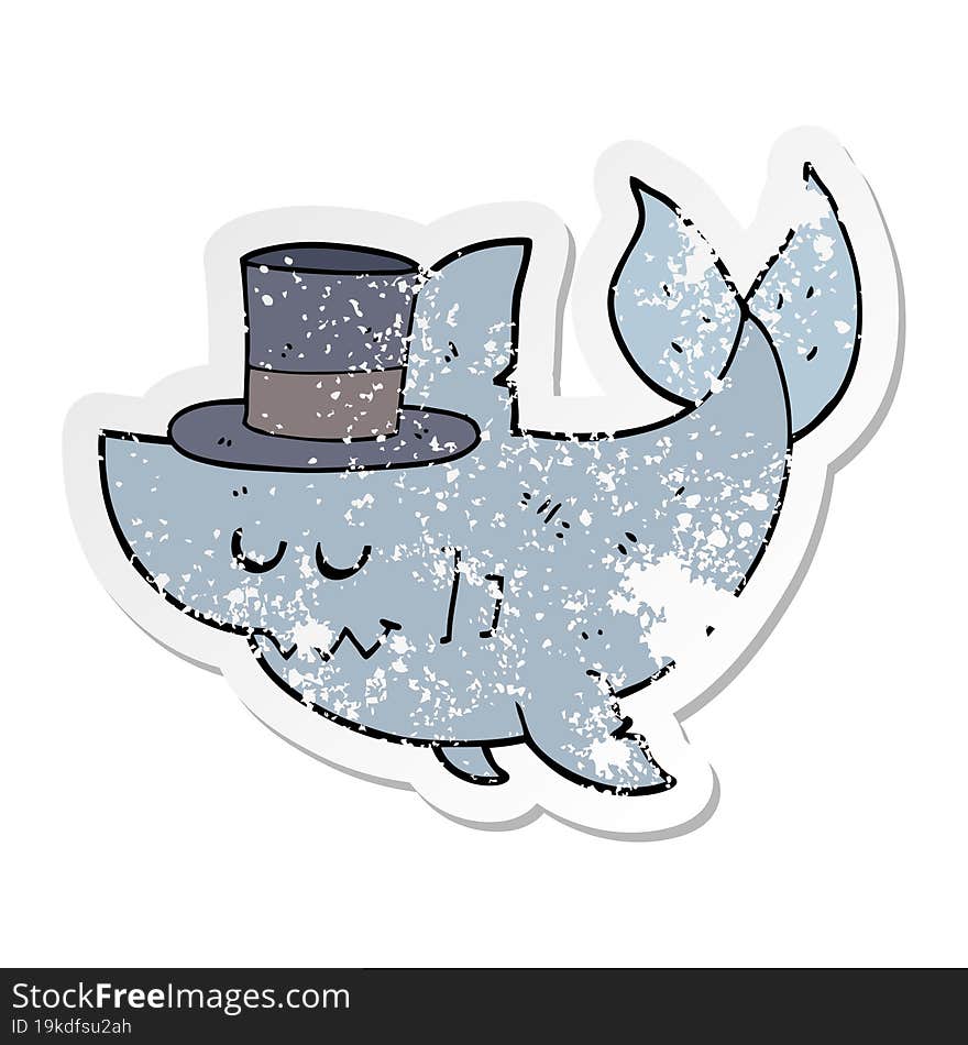 distressed sticker of a cartoon shark wearing top hat