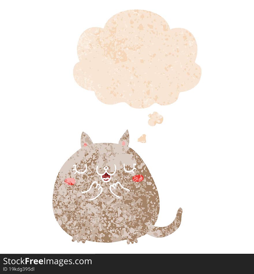 cartoon cute cat and thought bubble in retro textured style