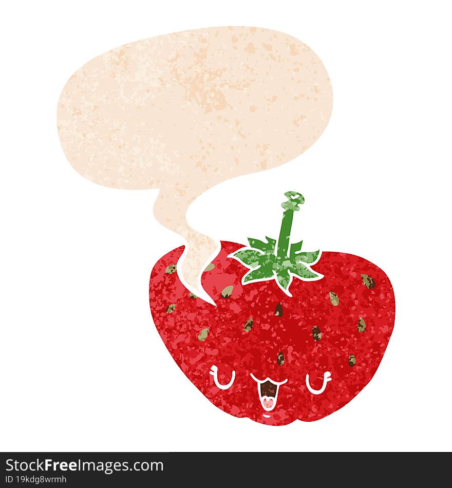 cartoon strawberry and speech bubble in retro textured style