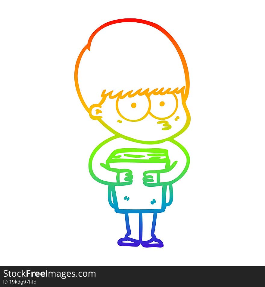 rainbow gradient line drawing nervous cartoon boy holding book