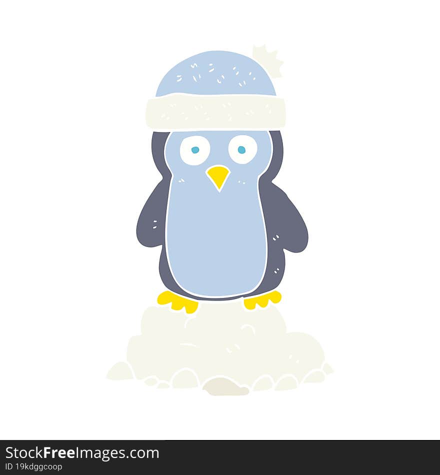 flat color illustration of a cartoon penguin wearing hat