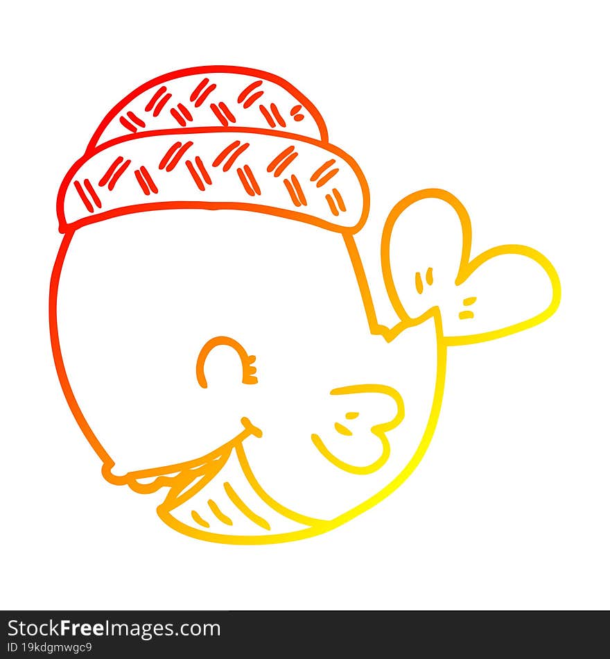 Warm Gradient Line Drawing Cartoon Whale Wearing Hat