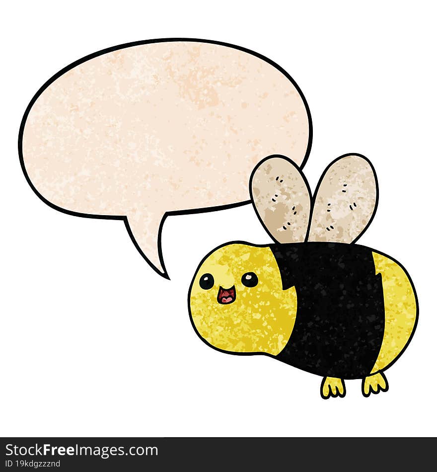 cartoon bee with speech bubble in retro texture style