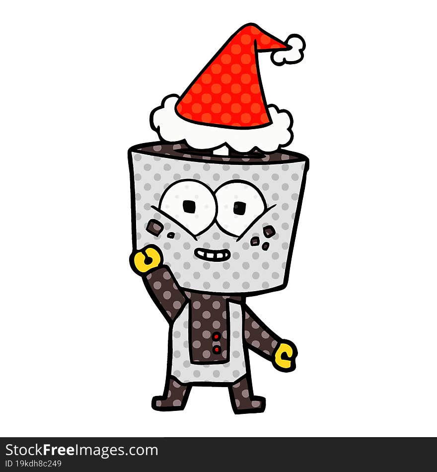 Happy Comic Book Style Illustration Of A Robot Waving Hello Wearing Santa Hat