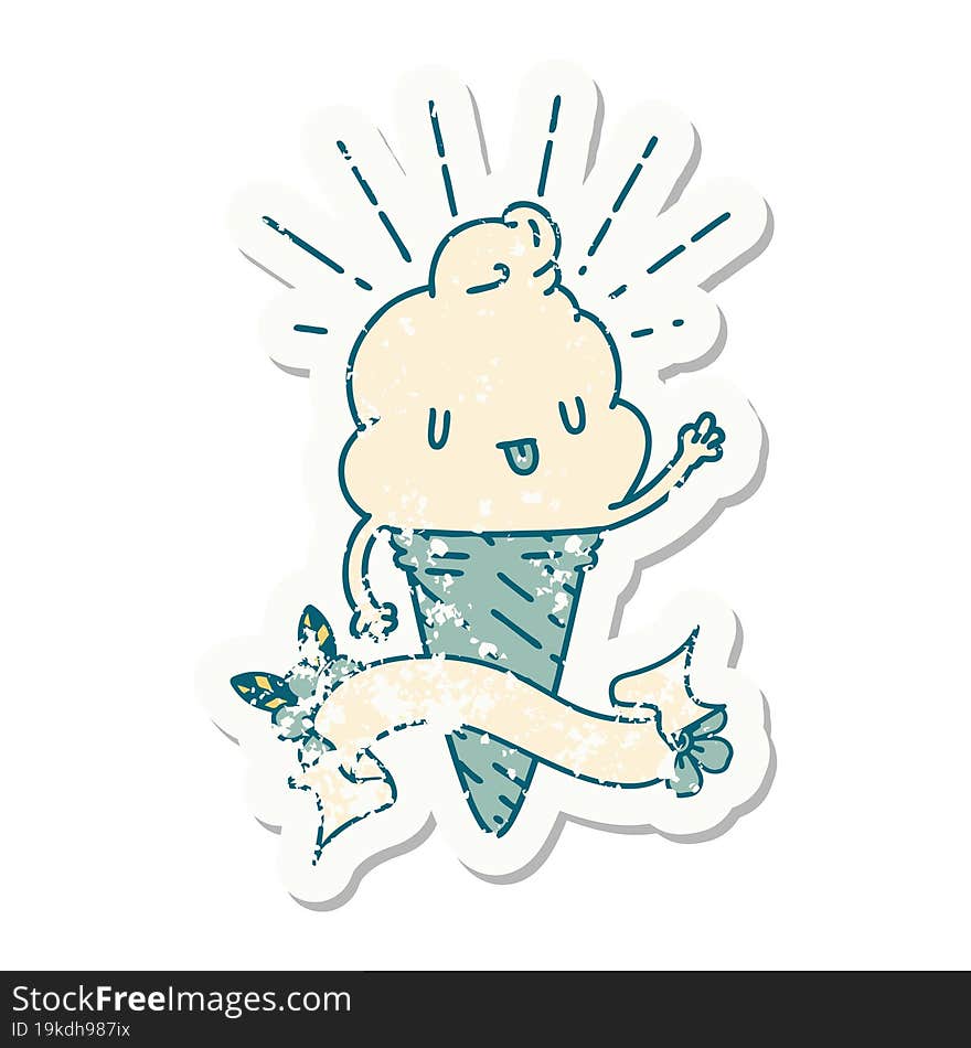 grunge sticker of tattoo style ice cream character waving