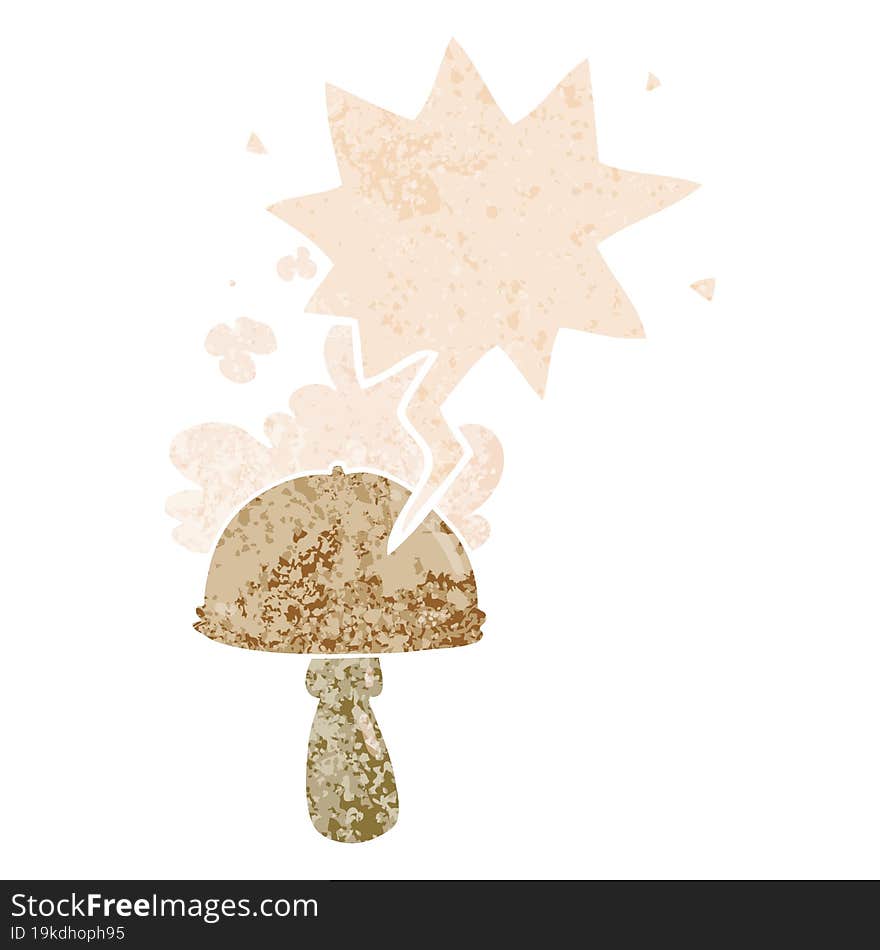 cartoon mushroom with spore cloud and speech bubble in retro textured style