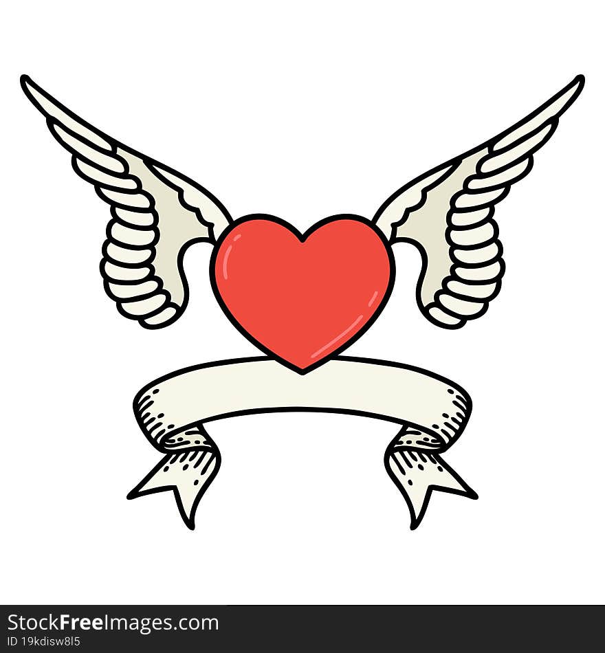 traditional tattoo with banner of a heart with wings