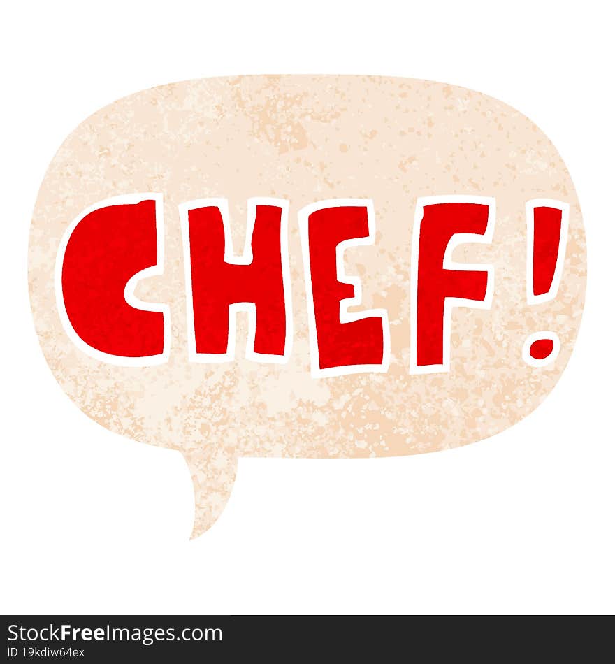 cartoon word chef and speech bubble in retro textured style