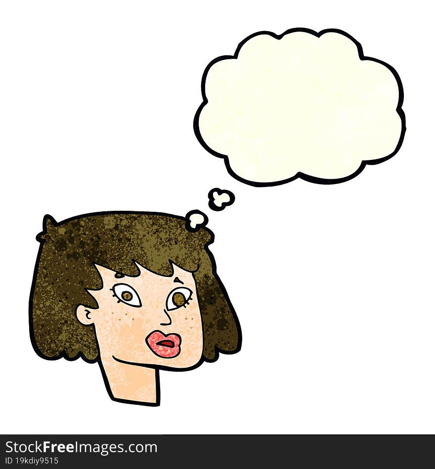 cartoon pretty female face with thought bubble