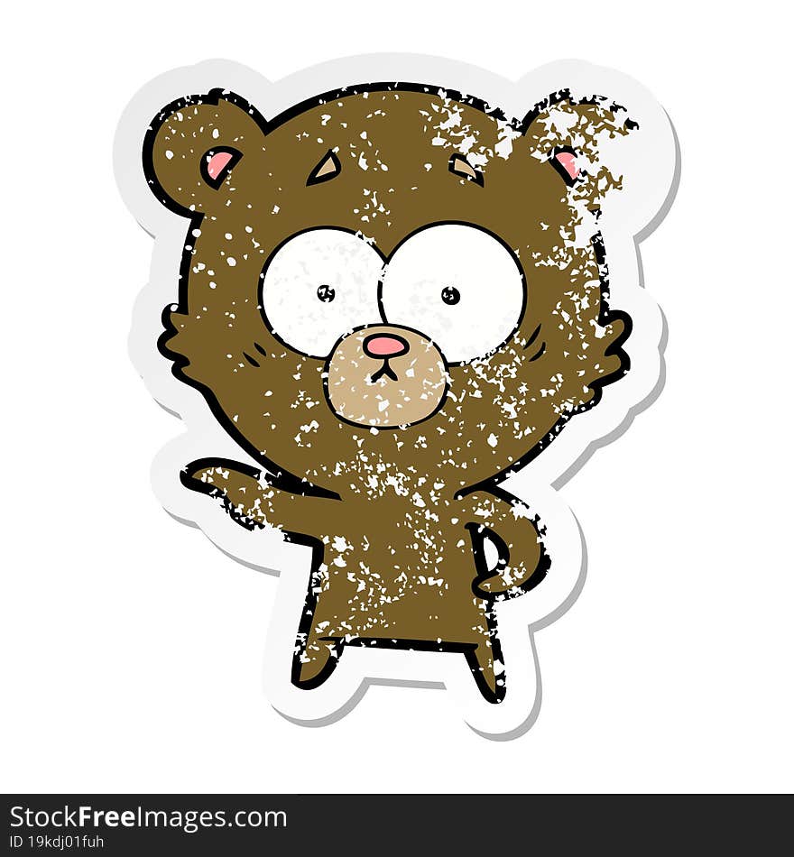 Distressed Sticker Of A Anxious Bear Cartoon