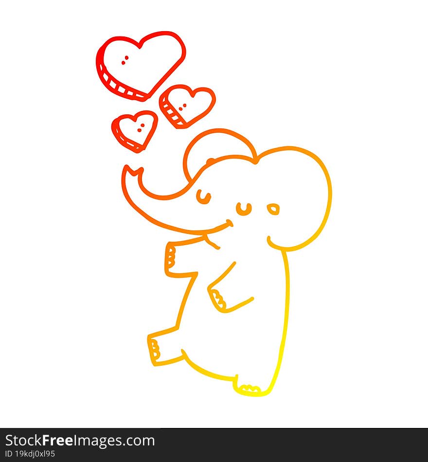 warm gradient line drawing cartoon elephant with love hearts