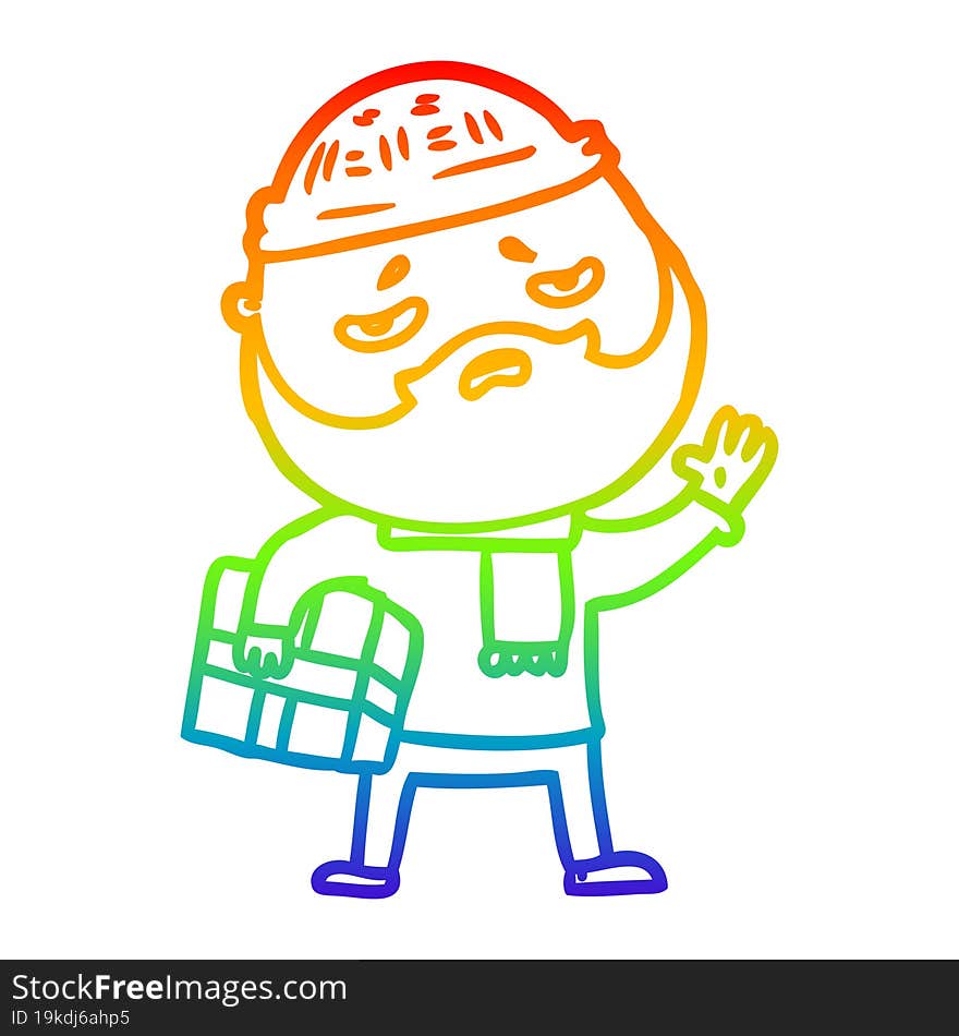 rainbow gradient line drawing cartoon worried man with beard