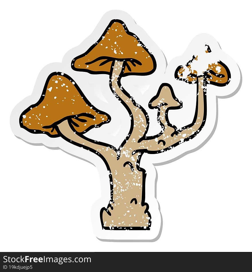 distressed sticker cartoon doodle of growing mushrooms