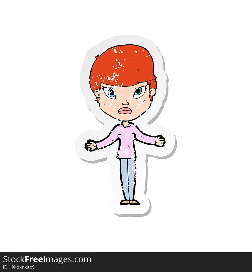 retro distressed sticker of a cartoon woman shrugging shoulders