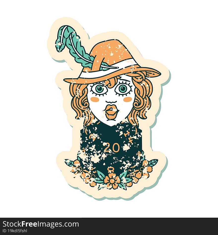 grunge sticker of a human bard with natural 20 dice roll. grunge sticker of a human bard with natural 20 dice roll