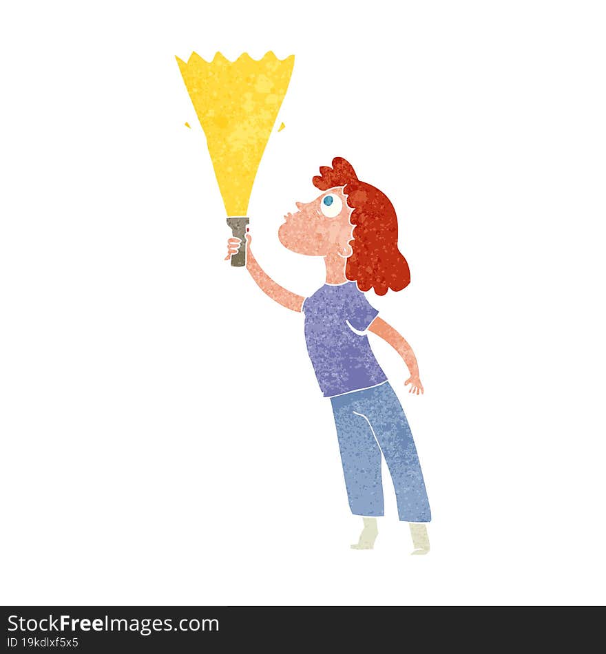 retro cartoon woman searching with torch