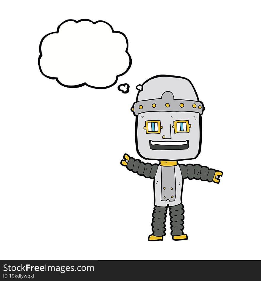 cartoon waving robot with thought bubble