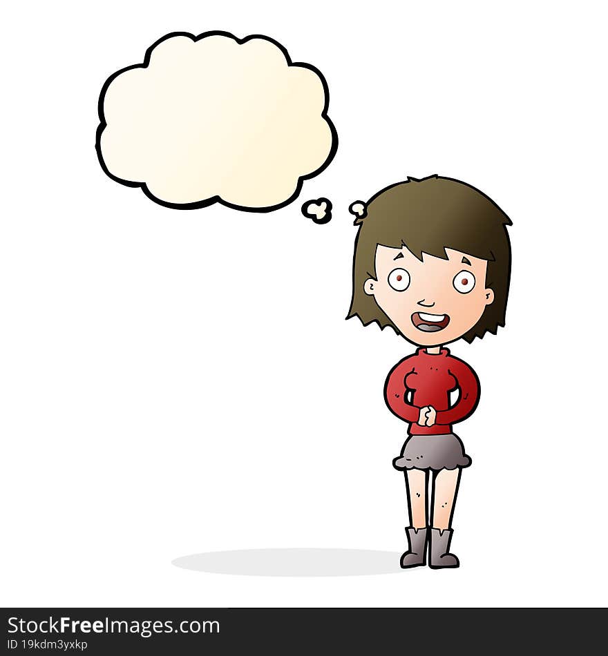 cartoon excited woman with thought bubble