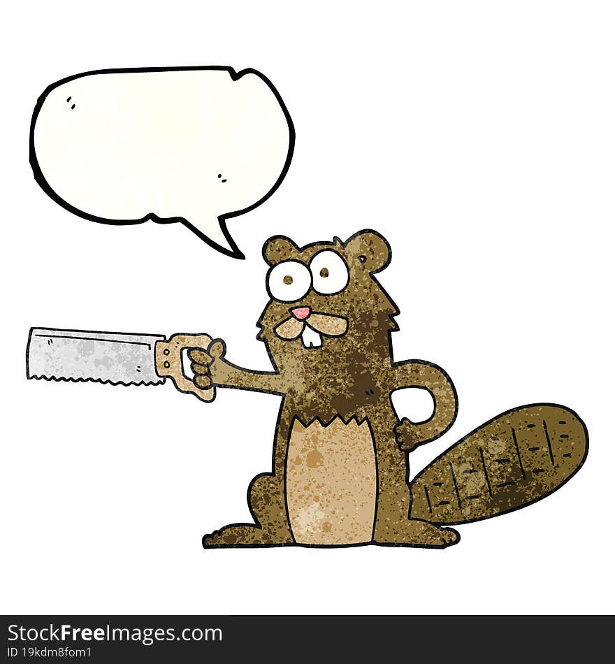 speech bubble textured cartoon beaver with saw