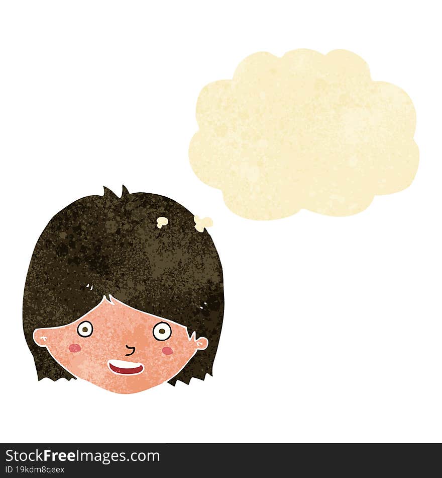 cartoon happy female face with thought bubble