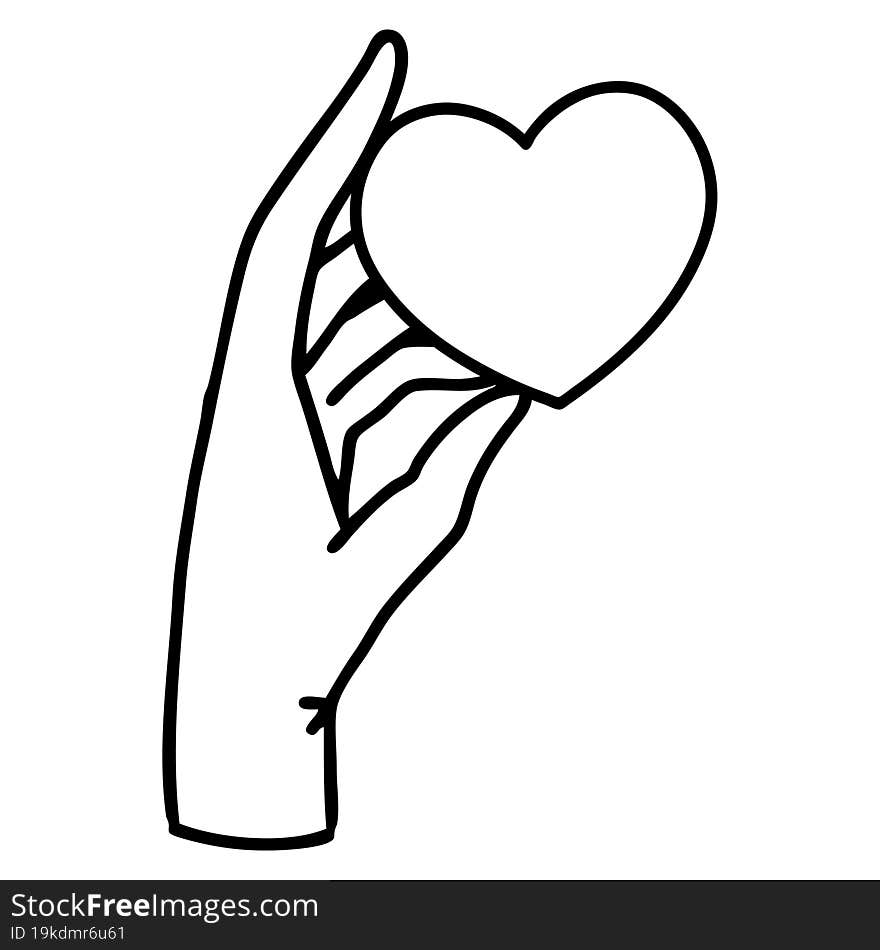 tattoo in black line style of a hand holding a heart. tattoo in black line style of a hand holding a heart