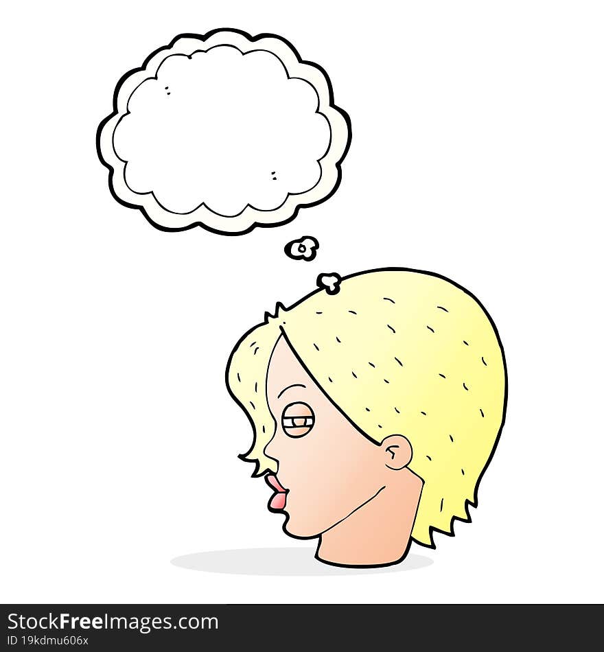 cartoon female face with narrowed eyes with thought bubble