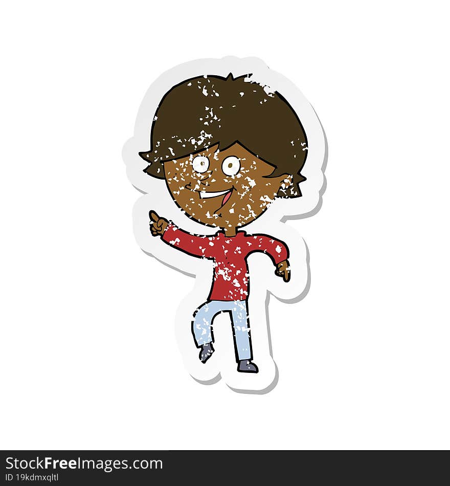 retro distressed sticker of a cartoon happy pointing man