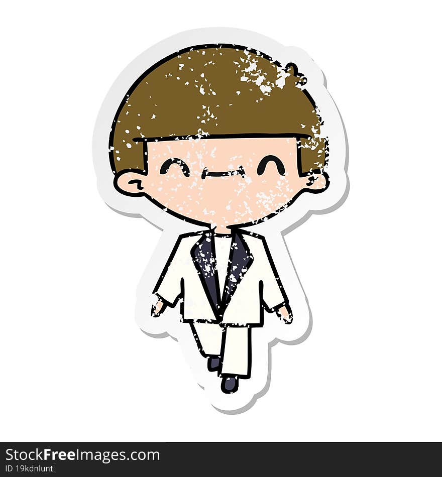 distressed sticker cartoon of cute kawaii boy in suit