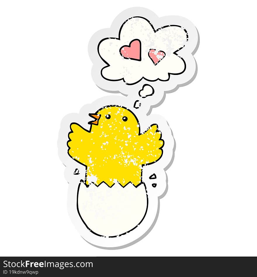 cute hatching chick cartoon and thought bubble as a distressed worn sticker