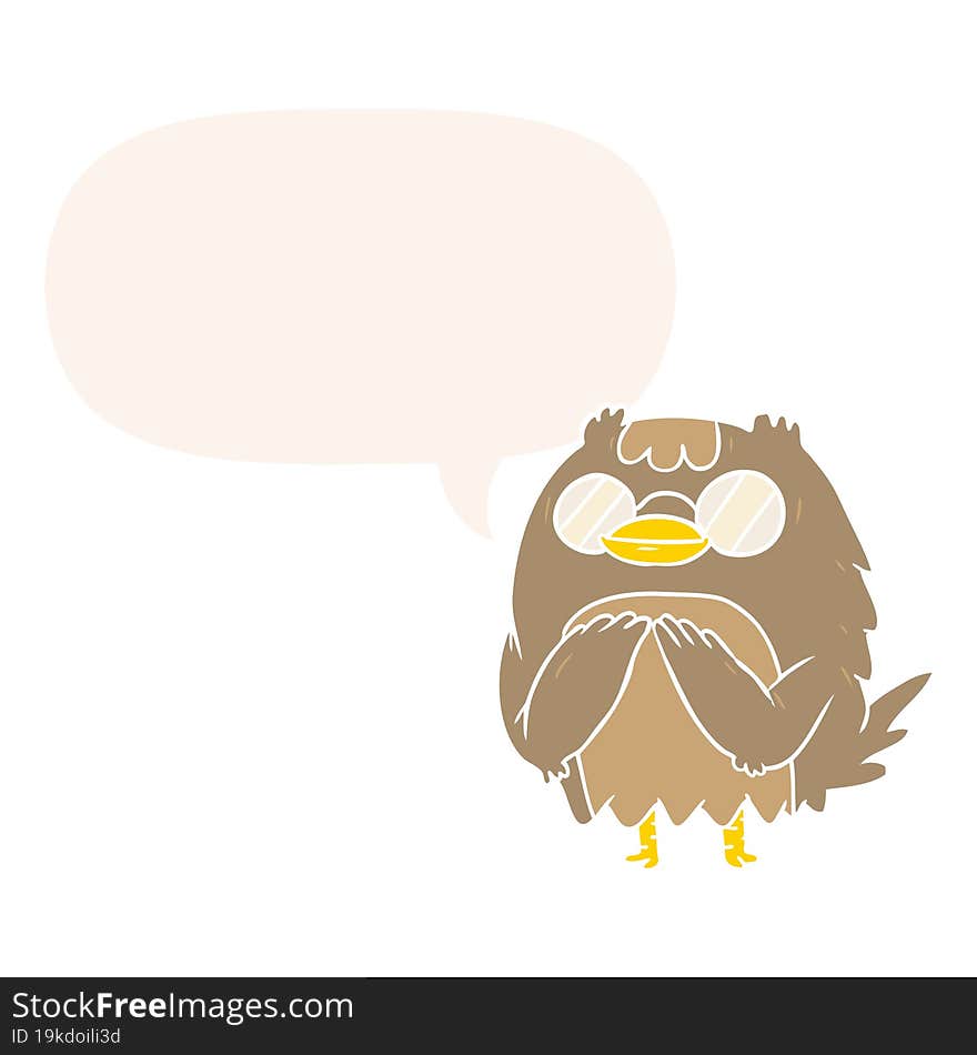 cute cartoon wise old owl and speech bubble in retro style