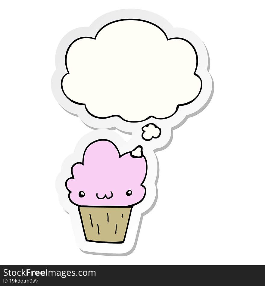 cartoon cupcake with face with thought bubble as a printed sticker