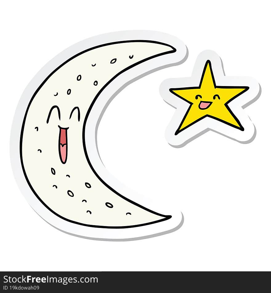 sticker of a happy cartoon moon and star