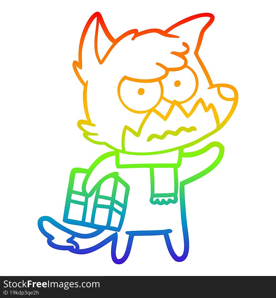 rainbow gradient line drawing cartoon annoyed fox carrying gift