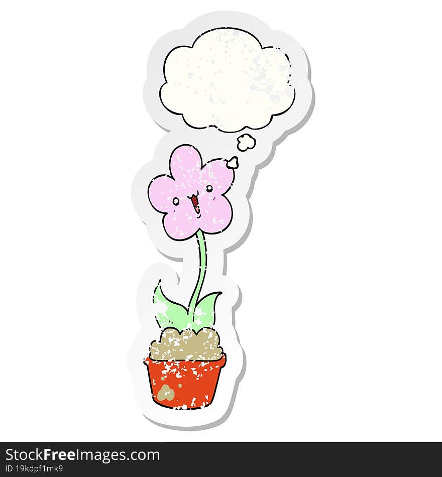 Cute Cartoon Flower And Thought Bubble As A Distressed Worn Sticker