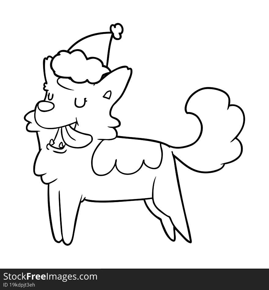 line drawing of a happy dog wearing santa hat