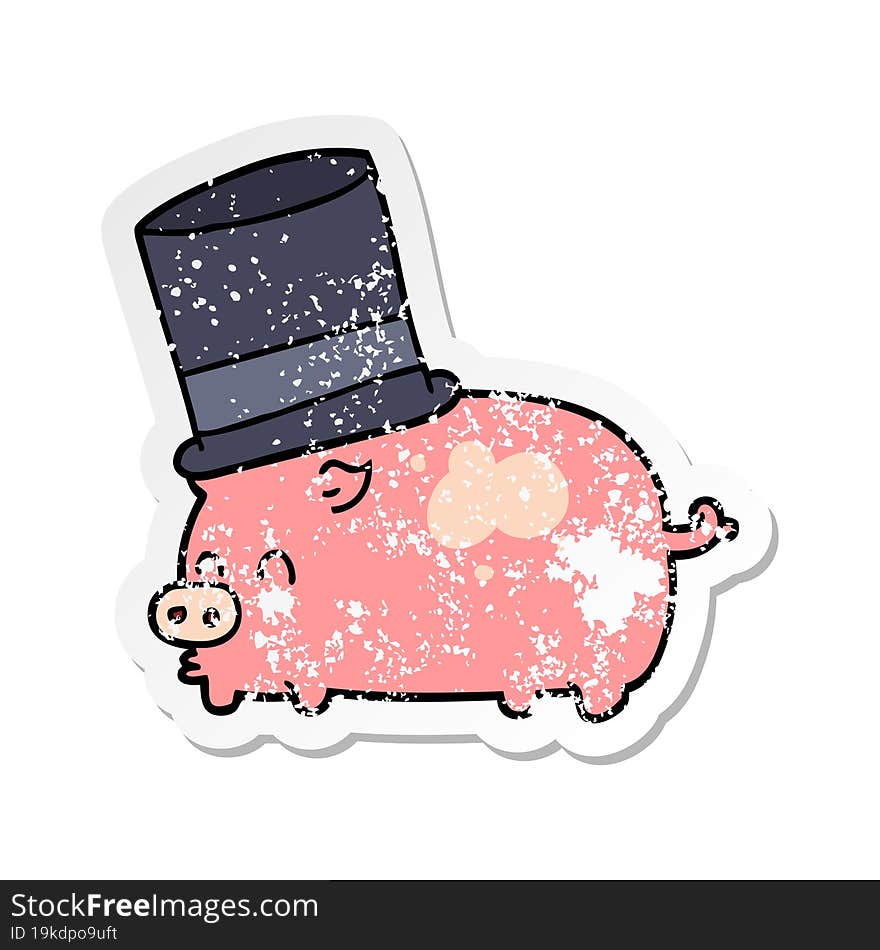 distressed sticker of a cartoon pig wearing top hat