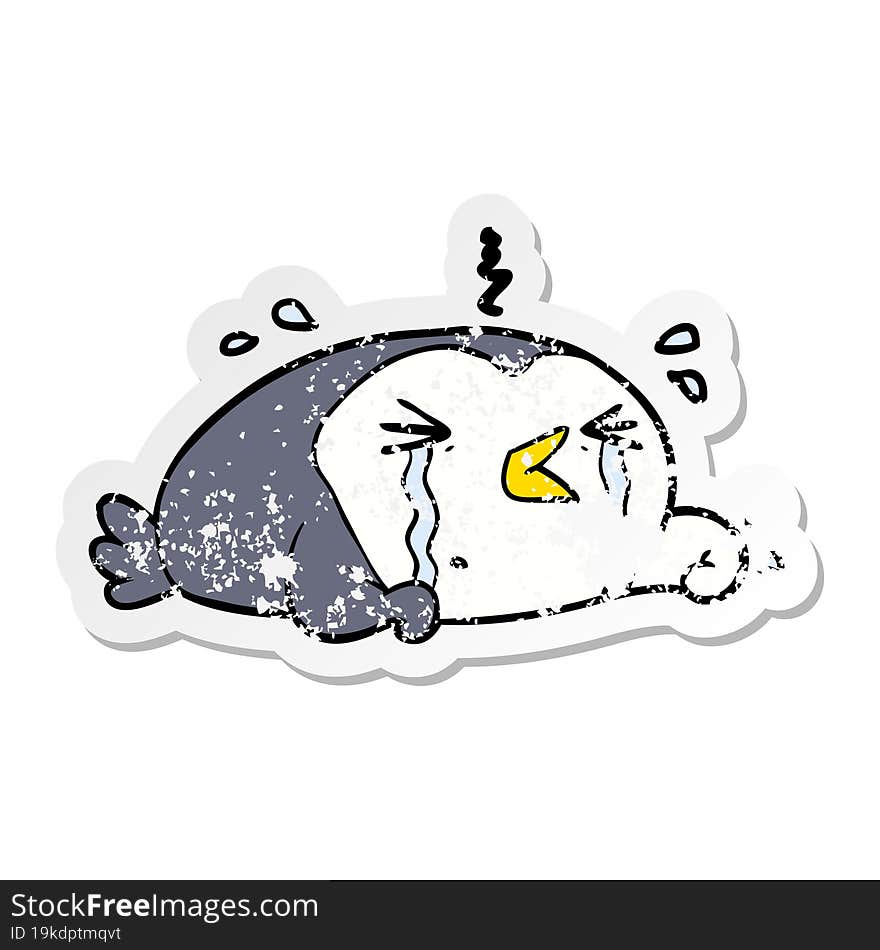 distressed sticker of a cartoon crying penguin