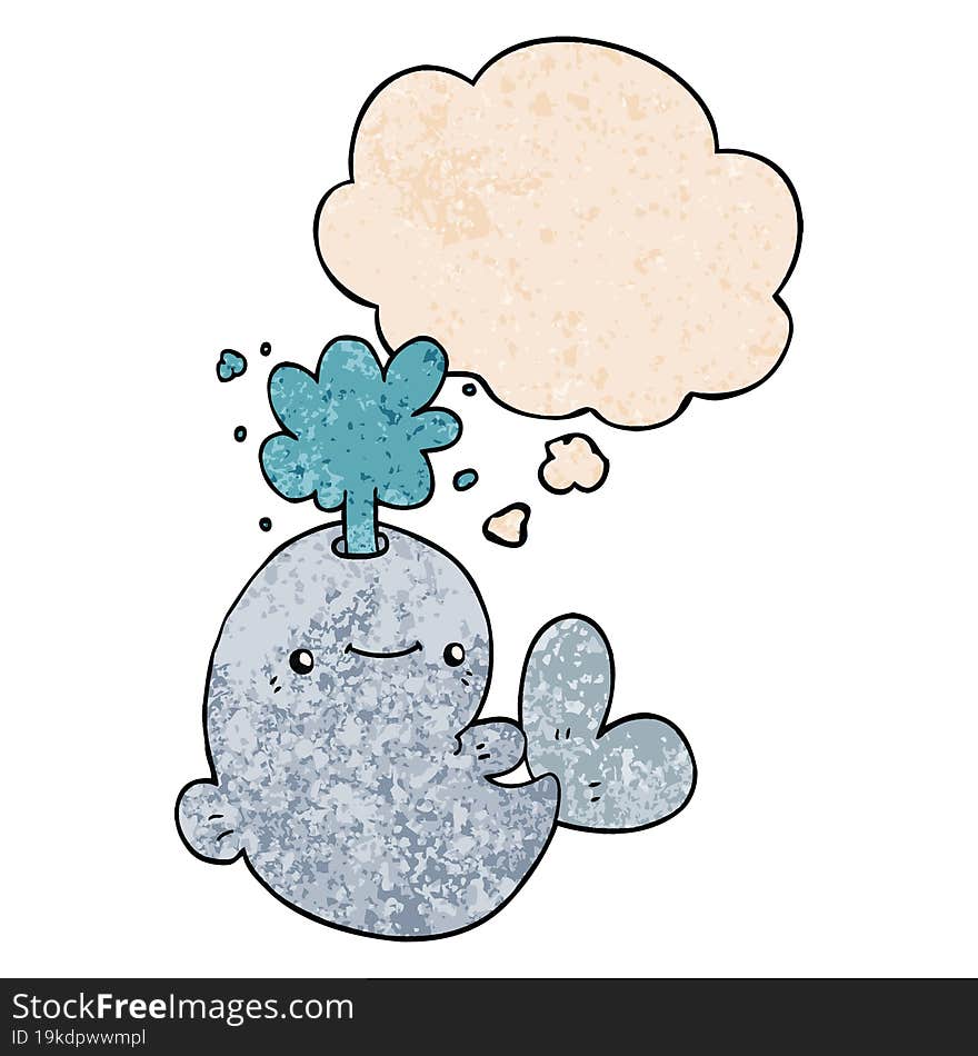 cartoon whale spouting water and thought bubble in grunge texture pattern style