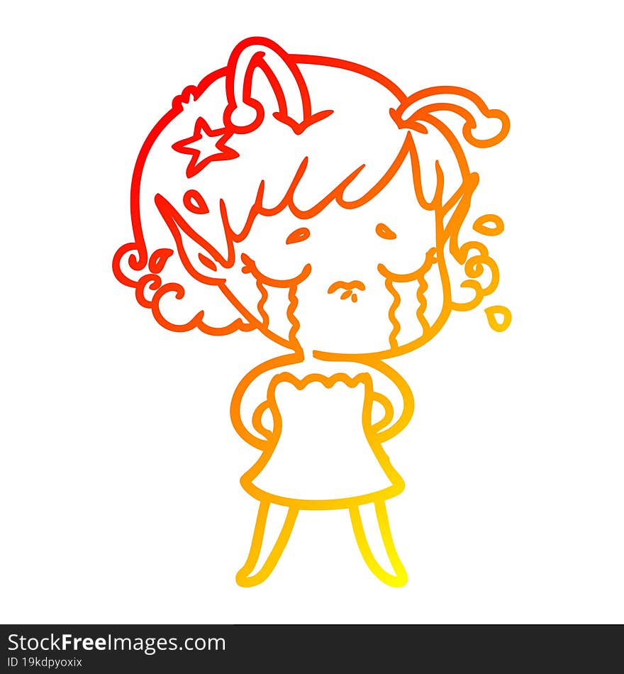 warm gradient line drawing of a cartoon crying alien girl