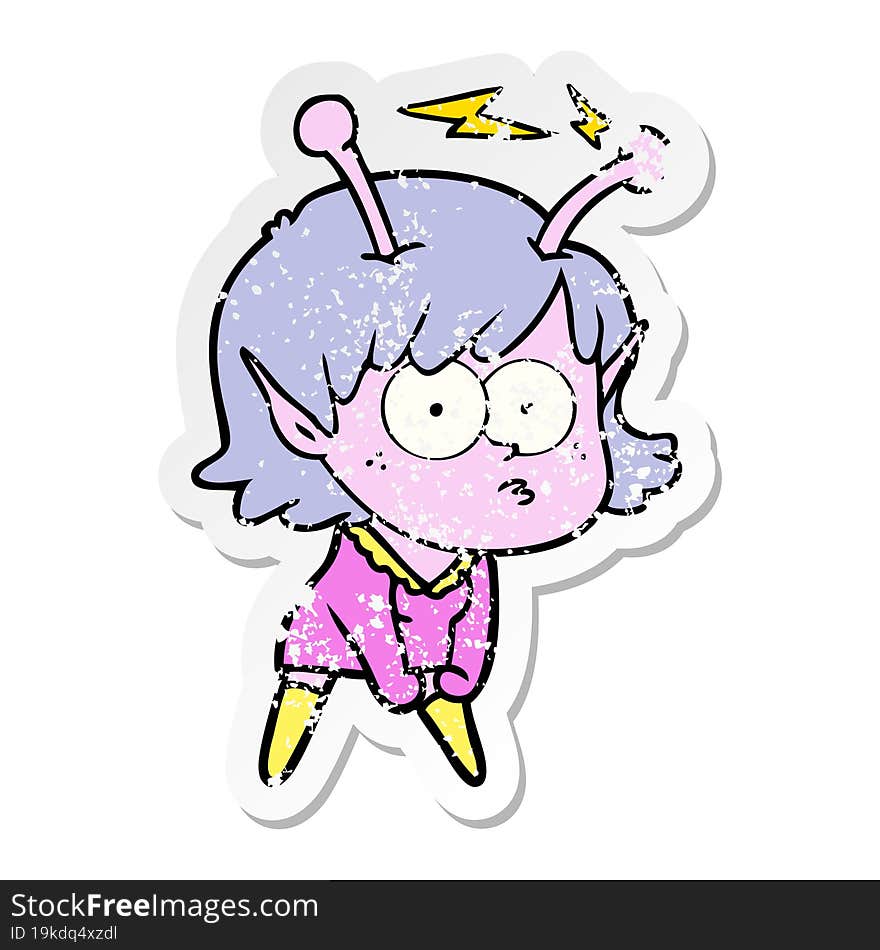 distressed sticker of a cartoon alien girl